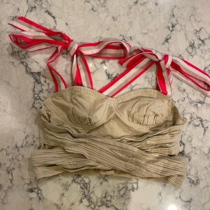 SHEIN beige crop ish top with pink adjustable tie straps